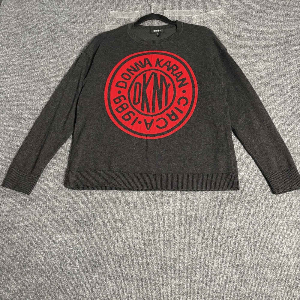 DKNY Donna Karan Circa 1989 Graphic Sweater Womens Med.Grey Red Logo Pullover